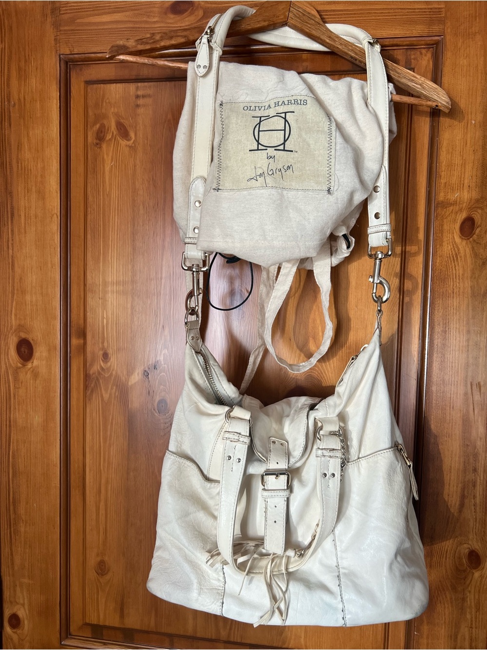 Olivia Harris Ivory Leather Shoulder Bag with Buckle Accents
